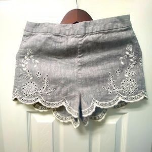Free People, size 4, grey with white embroidery shorts, high waisted